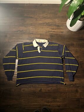 American Eagle style Navy and Yellow Striped Rugby Sweater with Contrast Collar